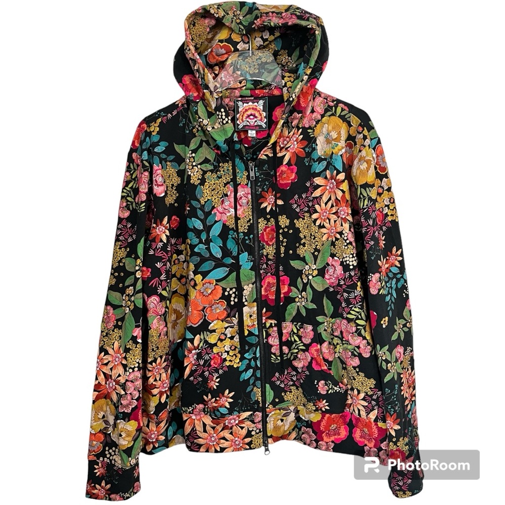 Johnny Was Black Printed Floral Hoodie Sweatshirt Full Zip Drawstring
